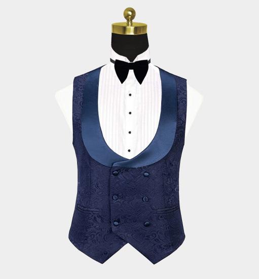 Fashion Navy Blue Three Pieces Jacquard Huge Shawl Lapel Bespoke Men Suits For Prom | Wedding_3