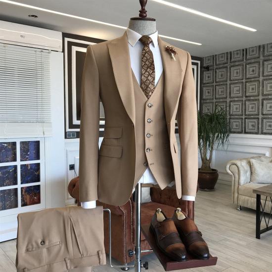 Nicolasia New Arrival Solid Brown Peaked Lapel Slim Fit Business Suits For Men_2