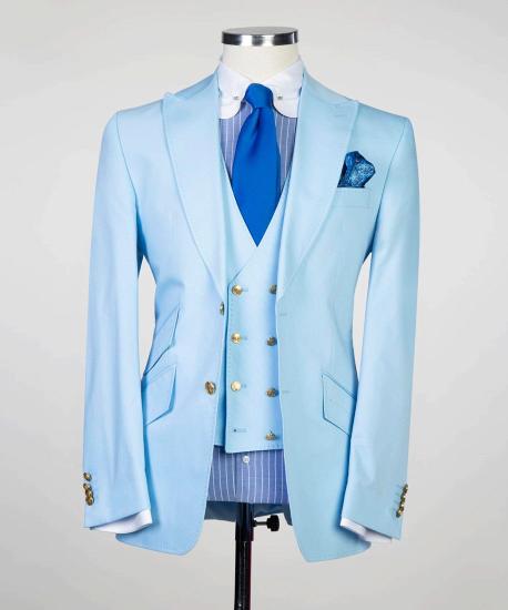 Stylish Sky Blue Three Pieces Peaked Lapel Slim Fit Men Suits_4