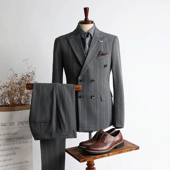 Unique Gray Stripe Peaked Lapel Double Breasted Business Men Suits | happnessmall_2