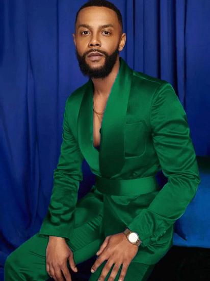 Happnessmall Fashion Green Silk Shawl Lapel 2 Piece Men's Suit With Belt_1
