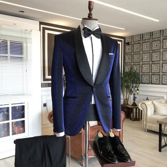 Magnus  Special Design Navy Blue Shawl Lapel Wedding Suits with Black Lapel_2