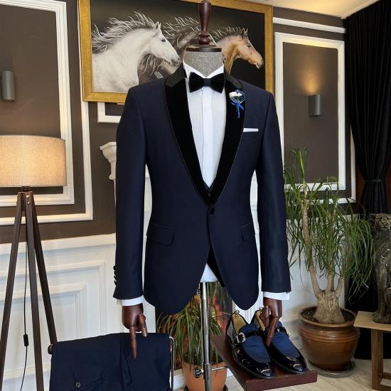 Modern Dark Blue Splicing Shawl Lapel Three Pieces Men Suits | Happnessmall_4