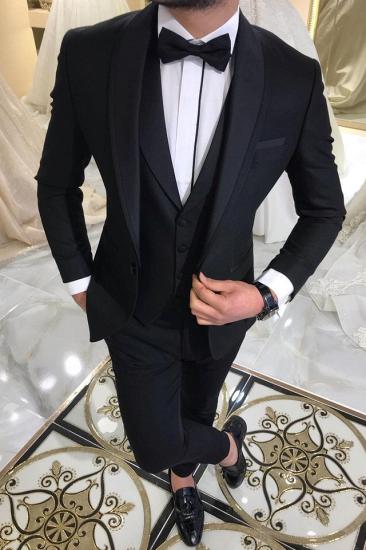 Stylish Black Men's 3 Piece Suits for Groom | Shawl Lapel Wedding Tuxedos with Waistcoat