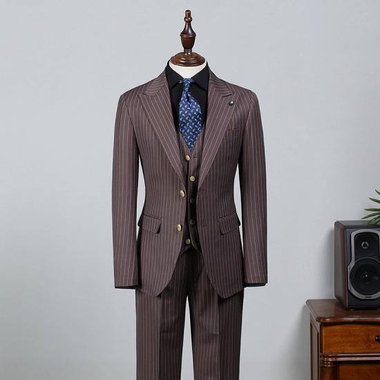 Schattenwald Stylish Brown Striped Peaked Lapel Slim Fit Business Suit_2