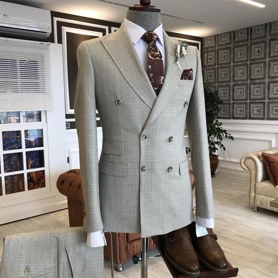 Livia Light Gray Small Plaid Peaked Lapel Double Breasted Business Suits For Men_2