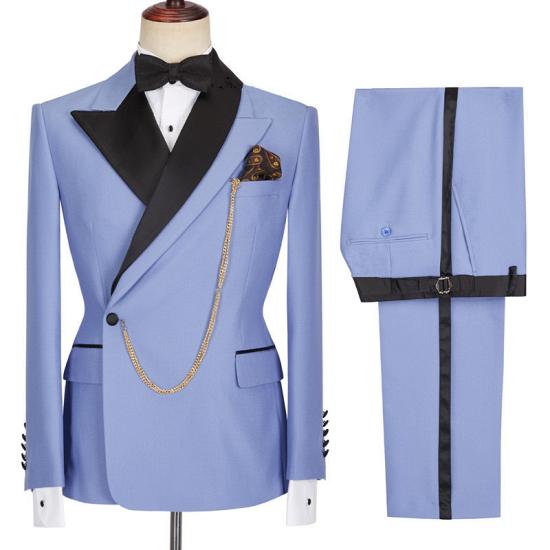 Chic Blue Peaked Lapel Slim Fit Bespoke Men Suits With One Side Button_4