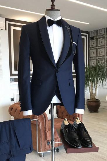 Petros Trendy Navy Blue Shawl Lapel With One Button Wedding Suit_1