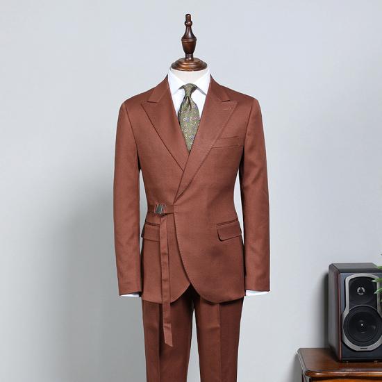 Stylish Caramel With Adjustable Belt Slim Fit Business Suit For Men_2