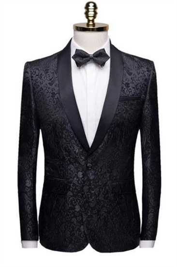 Black shawl lapel men's jacquard set | Unique slim fit groom two-piece set