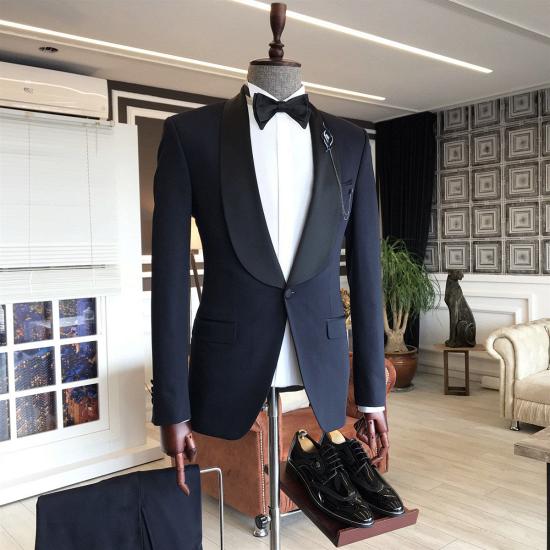 Amelia Stylish Navy Blue One Button Shawl lapel 3-pieces Slim Fit Wedding Men Suits_2