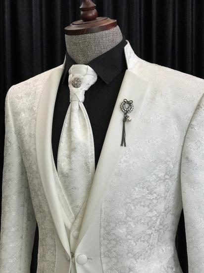 New Fashion White Jacquard 3-Pieces Wedding Suits With Special Lapel | Happnessmall_2