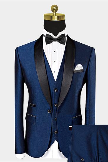Modern Dark Navy Blue One Button Groom Set | Black Satin Shawl Men's Wedding Suit