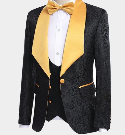 Gorgeous Black Jacquard Tuxedo with Gold Shawl Lapel | Three Pieces Men Suits_5