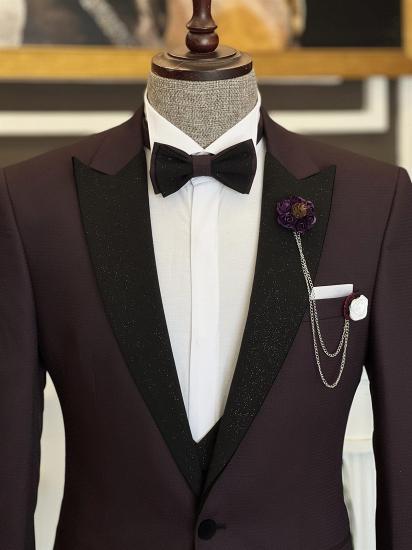 Fashionable Dark Purple Sparkle Peaked Lapel Three Pieces Men Suits | Happnessmall_3