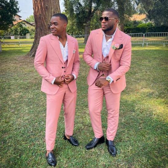 New Irene Pink Three Pieces Peaked Lapel Wedding Groomsmen Suits_2
