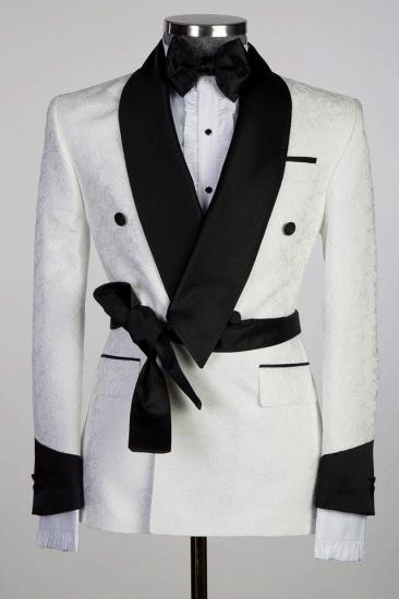 Glamorous White Double Breasted Shawl Lapel Jacquard Wedding Men Suits with Belt