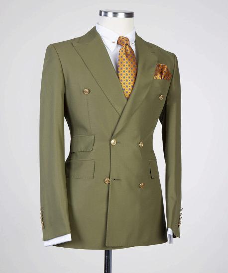 Stylish Olive Green Peaked Lapel Double Breasted Close Fitting Prom Suits_2