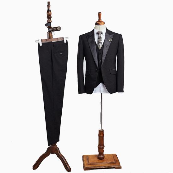 Victoria Stylish All Black 3 Pieces Peaked Lapel Business Suit For Men_2