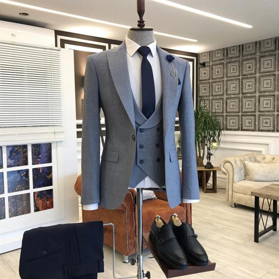 Happnessmall New Blue Double Breasted Business Men Suits With Waistcoat_2