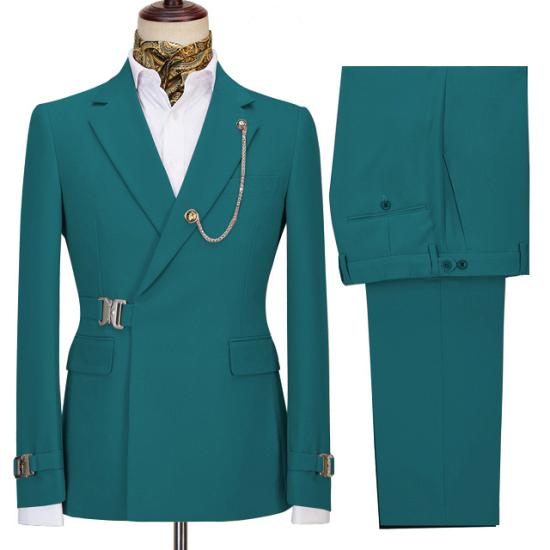 Chic Turquoise Notched Lapel Fashion Two Pieces Men suits with Buckle_2