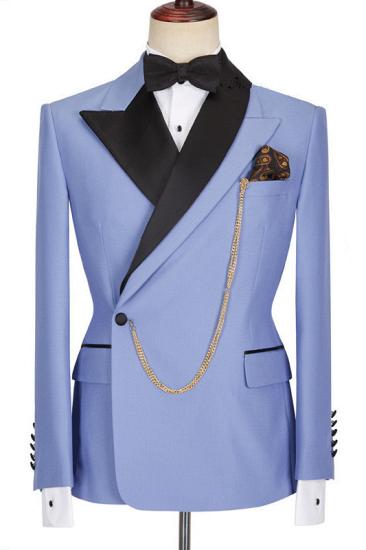 Chic Blue Peaked Lapel Slim Fit Bespoke Men Suits With One Side Button