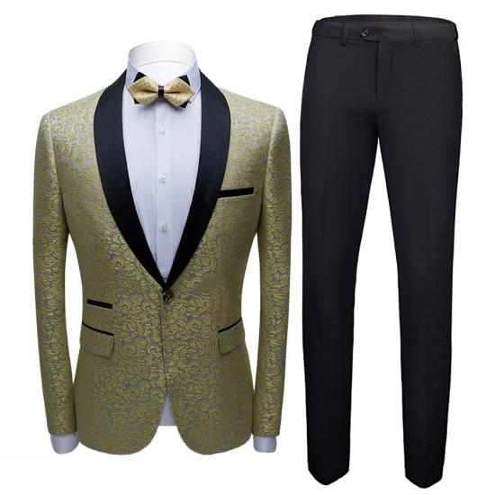 Samuel Gold Printed Slim Fit Prom Men Suits with Black Shawl Lapel_3