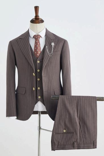 Aurora Modern Coffee Striped Peaked Lapel 2 Button Business Suit For Men