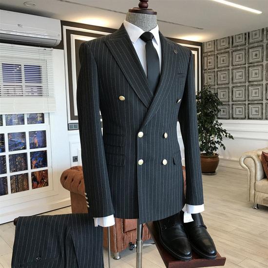 Vasilis Stylish Black Peaked Lapel Double Breasted Striped Men'S Business Suit_2