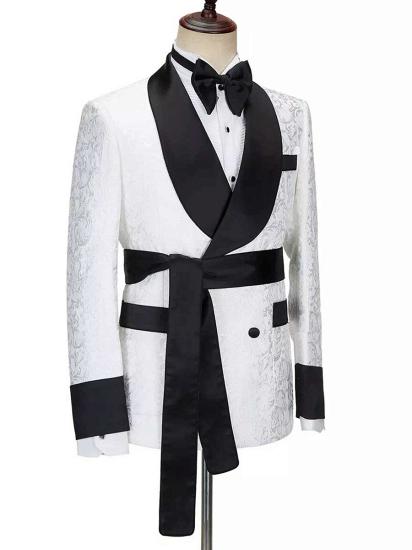 Gorgeous White Large Black Shawl Lapel Man Prom | Wedding Suite With Adjustable Belt_2