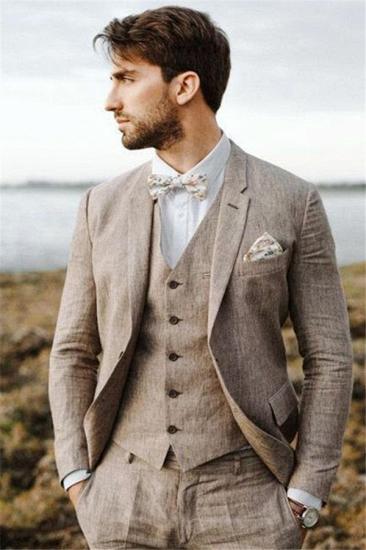Khaki summer beach linen men's classic suit | comfortable groom's wedding tailcoat 3-piece set_3