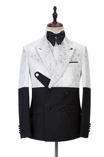 Happnessmall Black and White Jacquard Peaked Lapel Men Suits Online