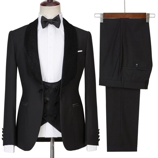 Modern  Black  Shawl Lapel Sparkle Three Pieces Men Wedding Suits | Happnessmall_4