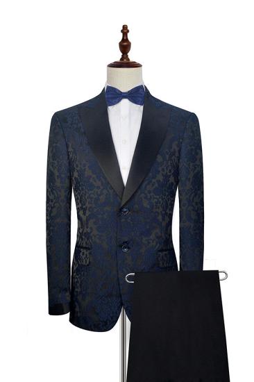 Popular Dark Navy Jacquard Black Silk Peak Lapel Mens Suits For Prom and Weddings