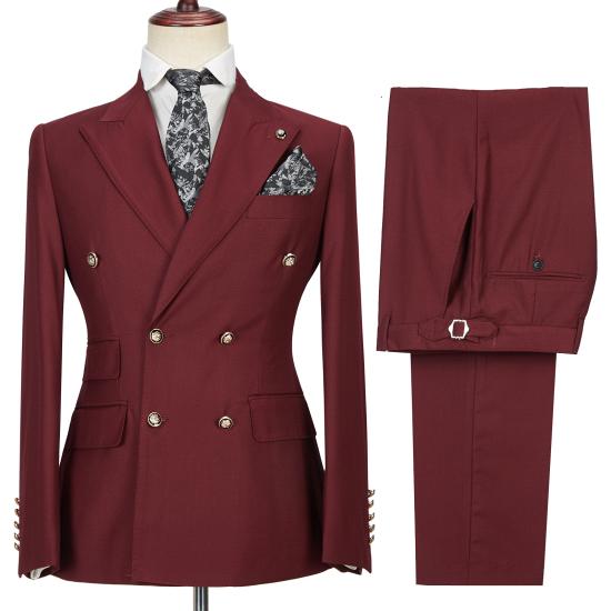 Glamorous Burgundy  Double Breasted Peak Lapel Men's Formal Suit_4
