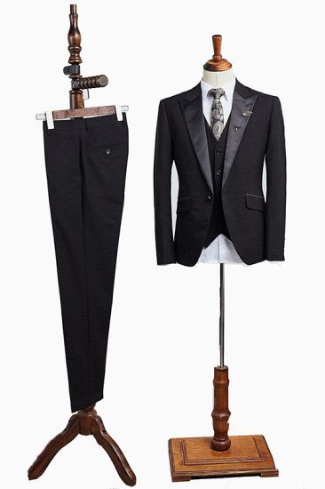 Victoria Stylish All Black 3 Pieces Peaked Lapel Business Suit For Men_1