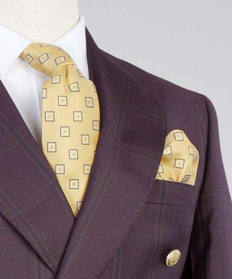 Popular  Bugundy Plaid Double Breasted Best Fitted Men Suits_2