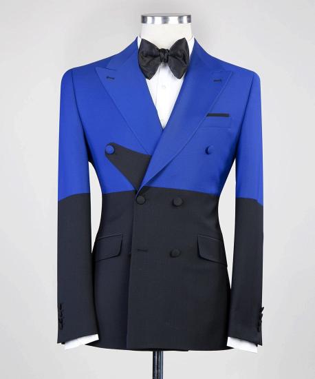 Fashion Saprkly Blue And Black Double Breasted Peaked Lapel Prom Suits_3