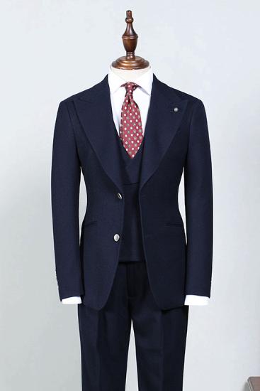 Amelia Elegant Navy Blue Three-Pieces Peaked Lapel Bespoke Business Men Suits_1