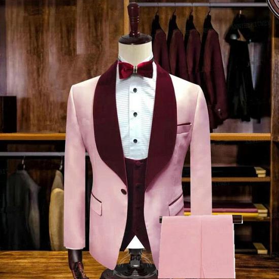 Unique Candy Powder One Button Slim Fit Men's Wedding Set with Velvet Collar_2