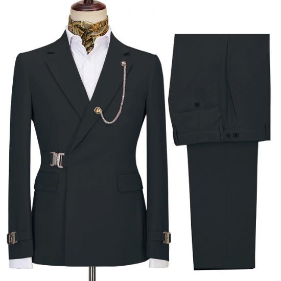 Modern Black Button Notched Lapel Men Suits For Business with Buckle_2