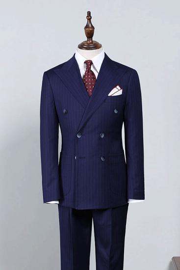 Stylish Navy Blue Striped Double Breasted Slim Fit Custom Business Suit
