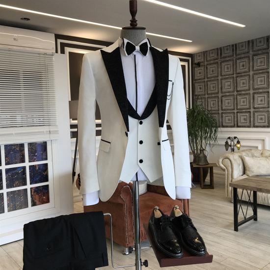 Nadia Stylish White 3-pieces Prom Men Suits mixed Black Peaked Lapel_2