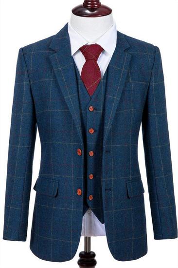 Latest Design Navy Blue Plaid Tweed Tuxedo | 3 Pieces Notched Lapel Men Suits