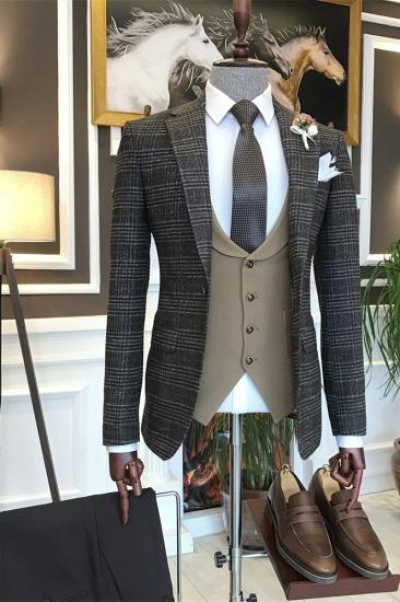 Chic Dark Grey Plaid Three Pieces Peaked Lapel Business Men Suits | Happnessmall