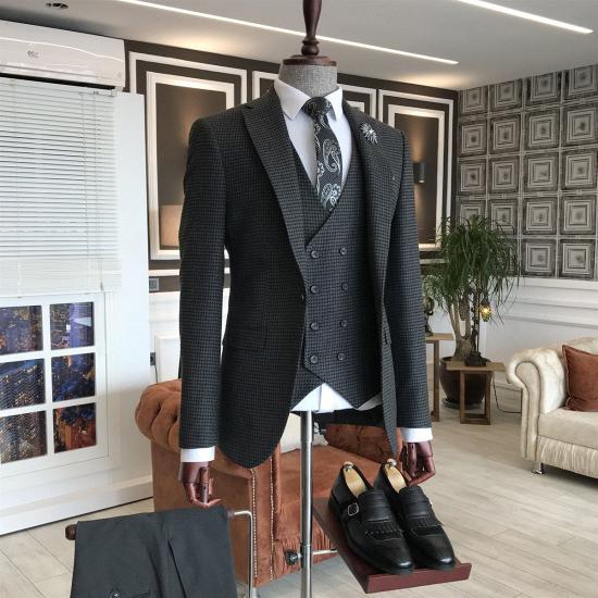Gentle Black Small Plaid 3-Pieces Notched Lapel Business Men Suits_2
