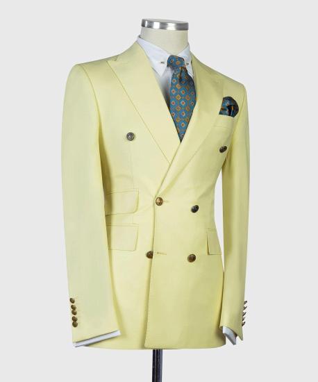 Latest Design Light Yellow Double Breasted Peaked Lapel Men Suits_2