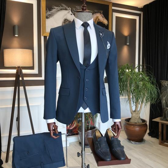 Advanced Navy Peaked Lapel Three Piece Men's Business Suit | Happnessmall_3