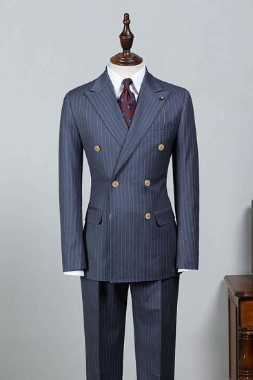 Classical Blue Striped Peaked Lapel Tailored Business Suit