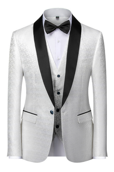 Classic white one button men's wedding tailcoat | satin shawl jacquard ball set_1